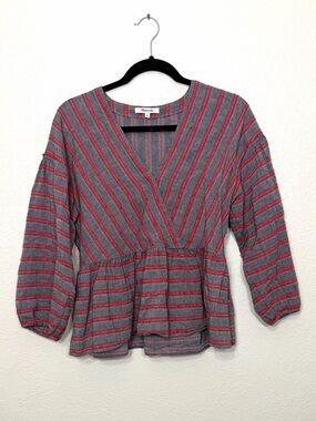 Madewell Striped Bubble-Sleeve Peplum Top Gray and Red Size M